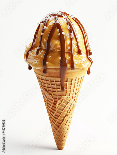 A gourmet ice cream cone with a scoop of caramel ice cream, topped with a drizzle of caramel sauce and sea salt, isolated on a white background photo