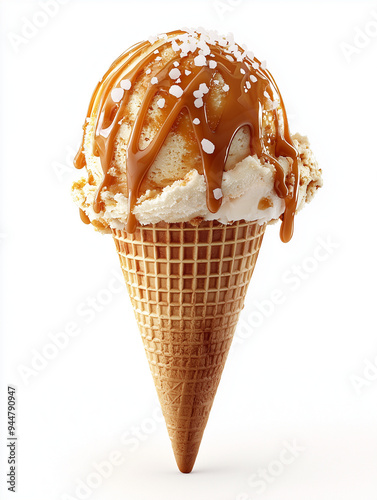 A gourmet ice cream cone with a scoop of caramel ice cream, topped with a drizzle of caramel sauce and sea salt, isolated on a white background photo