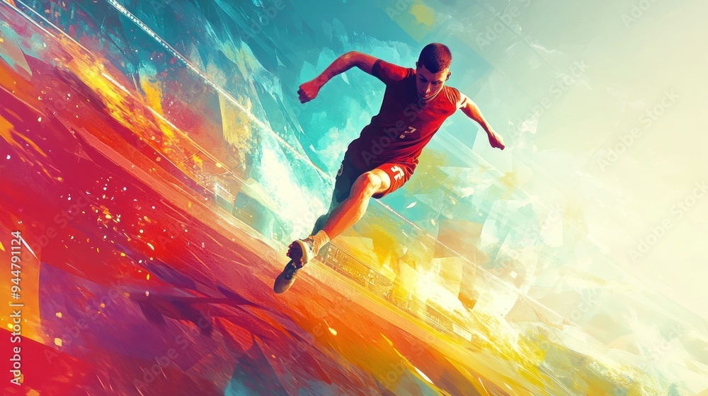 Naklejka premium Athlete Leaping Through a Colorful Abstract Landscape