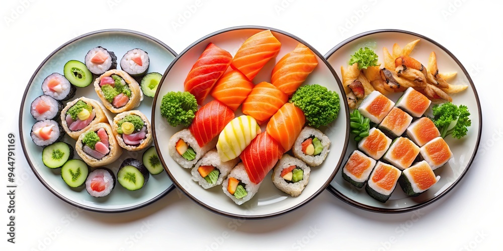 Plates of assorted sushi on a white background, sushi, Japanese cuisine, raw fish, seafood, rice, nigiri, sashimi, traditional Plates of assorted sushi on a white background, sushi, Japanese cuisine, raw fish, seafood, rice, nigiri, sashimi, traditional