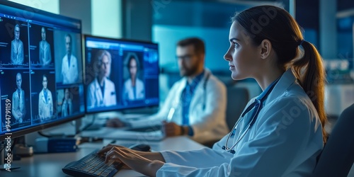 A team of doctors conducting a virtual consultation, discussing a patient case via video conference in a high-tech medical office