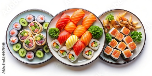 Plates of assorted sushi on a white background, sushi, Japanese cuisine, raw fish, seafood, rice, nigiri, sashimi, traditional