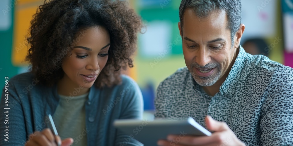 A close-up of two teachers engaged in a passionate discussion over a tablet in a well-lit classroom their expressions reflecting commitment to teaching A close-up of two teachers engaged in a passionate discussion over a tablet in a well-lit classroom their expressions reflecting commitment to teaching