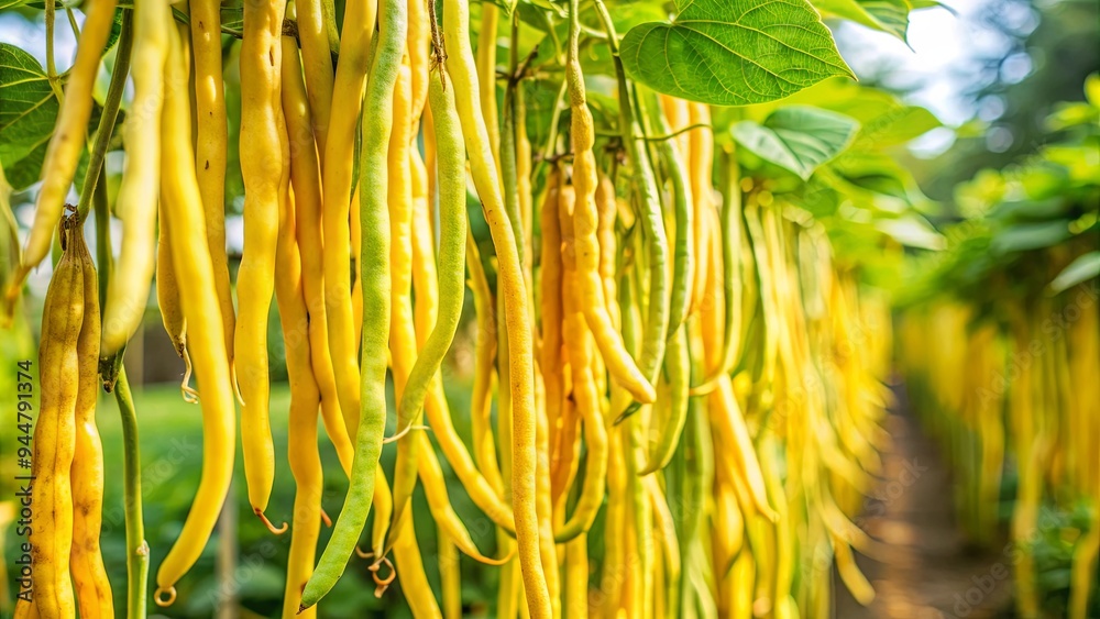 Obraz premium Yellow long string beans growing abundantly at a farm , farm, agriculture, vegetables, organic, harvest, fresh, green, healthy