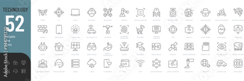 Technology Line Editable Icons set. Vector illustration in thin line modern style of modern technologies related icons: robotics, digital money, face ID, and more. Isolated on white