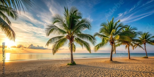 Tranquil morning beach scene with palm trees , summer, beach, tranquil, palm trees, ocean, sunrise, peaceful, serene, vacation