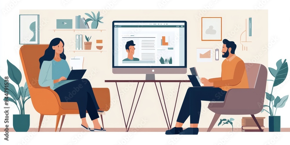A couple participating in an online webinar, taking notes and discussing the content afterward, with a homey, comfortable setup A couple participating in an online webinar, taking notes and discussing the content afterward, with a homey, comfortable setup