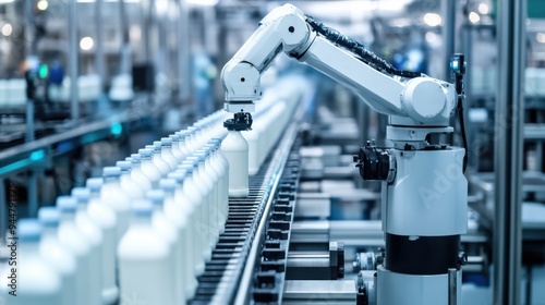 Modern Robotic Factory with Bottled Milk on Conveyor Belt and Metallic Robotic Arms, Showcasing Advanced Automation and Precision in a High-Tech Industrial Setting