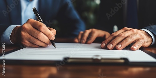 A close-up of two hands signing a contract on a sleek office desk with serious and focused expressions on the businesspeople's faces