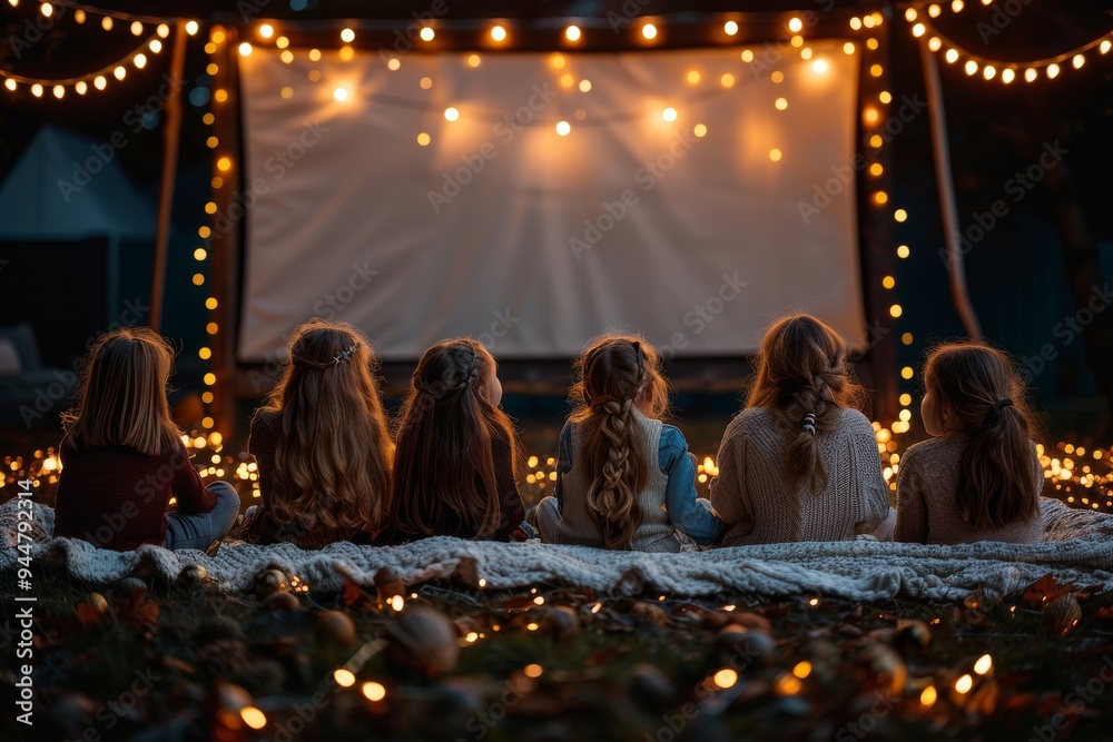 Children gather for an outdoor movie night under glowing fairy lights