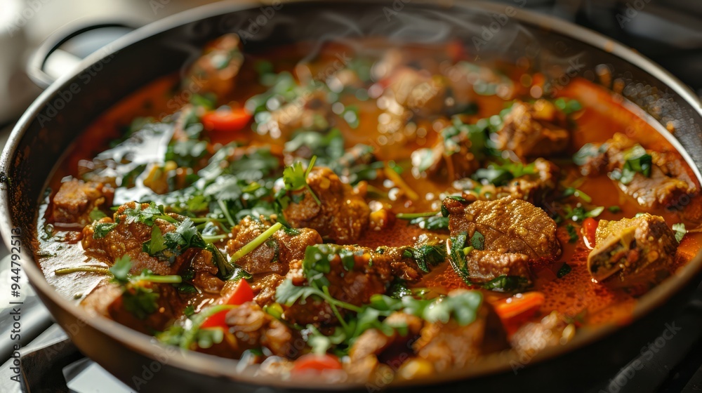 Cooking a delicious curry with aromatic spices and tender meat, simmering in a pot on the stove