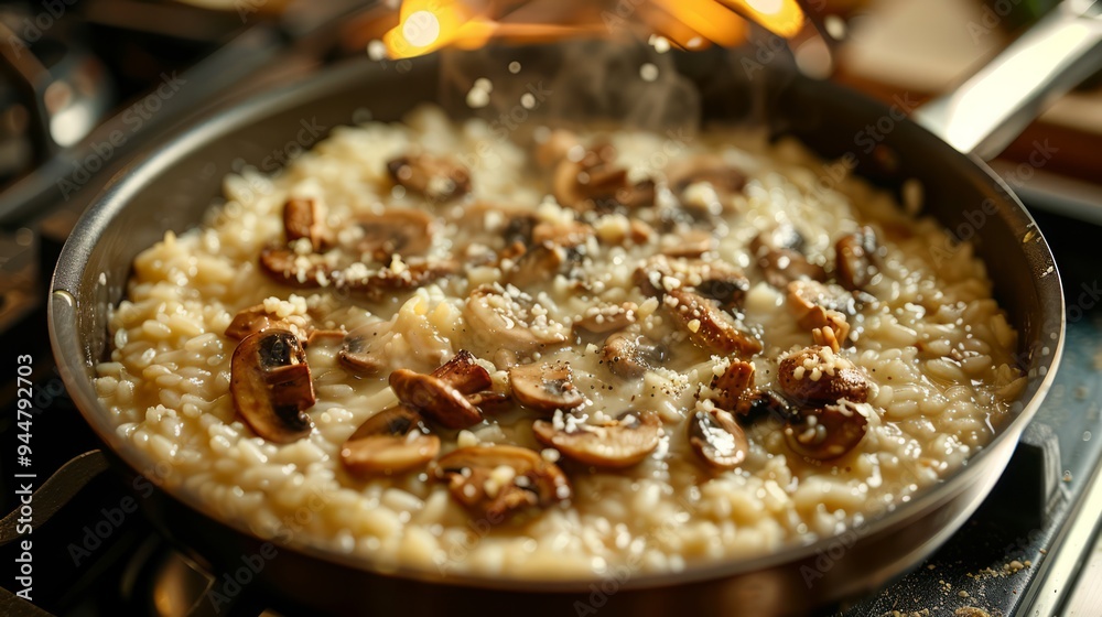 Cooking a rich and creamy risotto with mushrooms and Parmesan, stirring in a pot on a home kitchen stovetop Cooking a rich and creamy risotto with mushrooms and Parmesan, stirring in a pot on a home kitchen stovetop