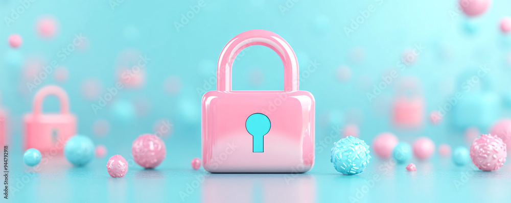 A colorful 3D illustration of a pink padlock surrounded by vibrant spheres, symbolizing security and protection in a modern design. A colorful 3D illustration of a pink padlock surrounded by vibrant spheres, symbolizing security and protection in a modern design.