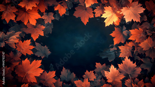 Dark Mode with Glowing Leaves A modern, dark-themed autumn background with deep, muted colors in the center and glowing, neon-like maple leaves framing the edges. The leaves emit a soft photo