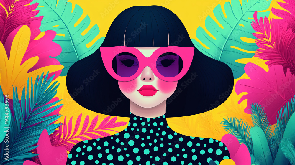 Fototapeta premium A vibrant illustration of a stylish woman with bold sunglasses and colorful foliage, embodying fashion and tropical vibes.