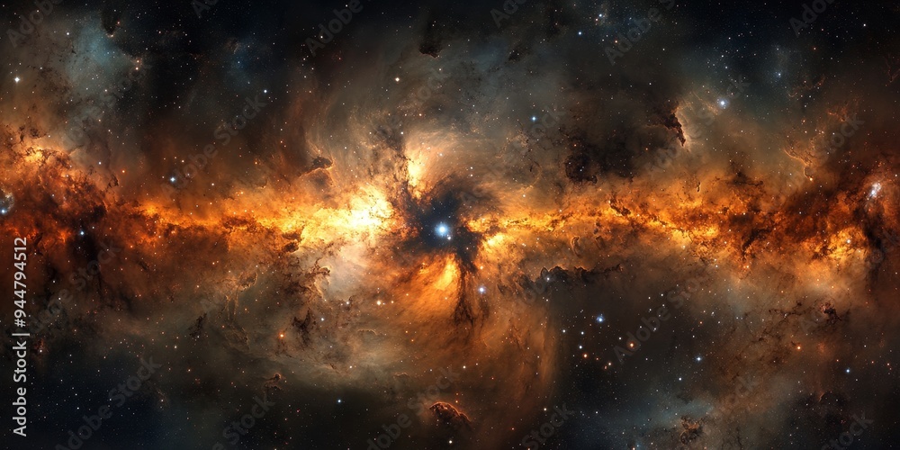 A panoramic view of a galactic core, with intense light emanating from millions of stars and a central supermassive black hole A panoramic view of a galactic core, with intense light emanating from millions of stars and a central supermassive black hole