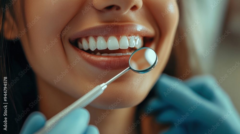 Close-up of a patient smiling with white teeth with a dental mirror reflecting healthy teeth during a checkup Close-up of a patient smiling with white teeth with a dental mirror reflecting healthy teeth during a checkup