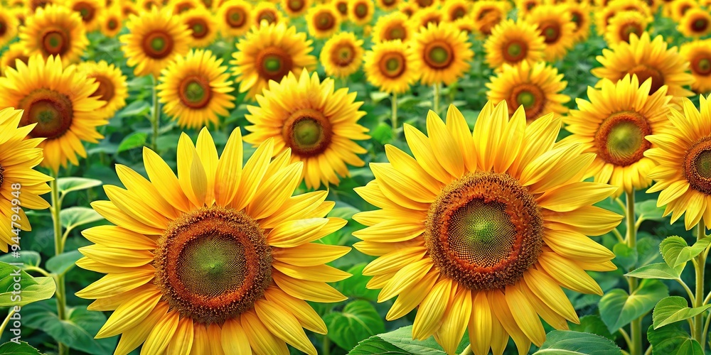 Vibrant yellow sunflowers bloom amidst lush green fields, repeating seamlessly to create a stunning, natural, and uplifting pattern for endless design possibilities. Vibrant yellow sunflowers bloom amidst lush green fields, repeating seamlessly to create a stunning, natural, and uplifting pattern for endless design possibilities.