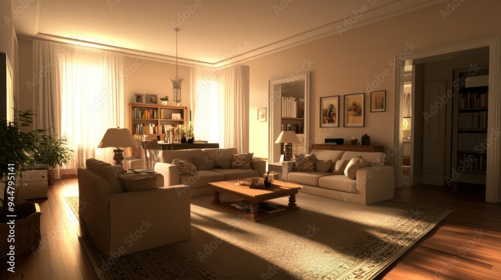 Fototapeta premium Sunlit Living Room with Beige Couches and a Wooden Coffee Table