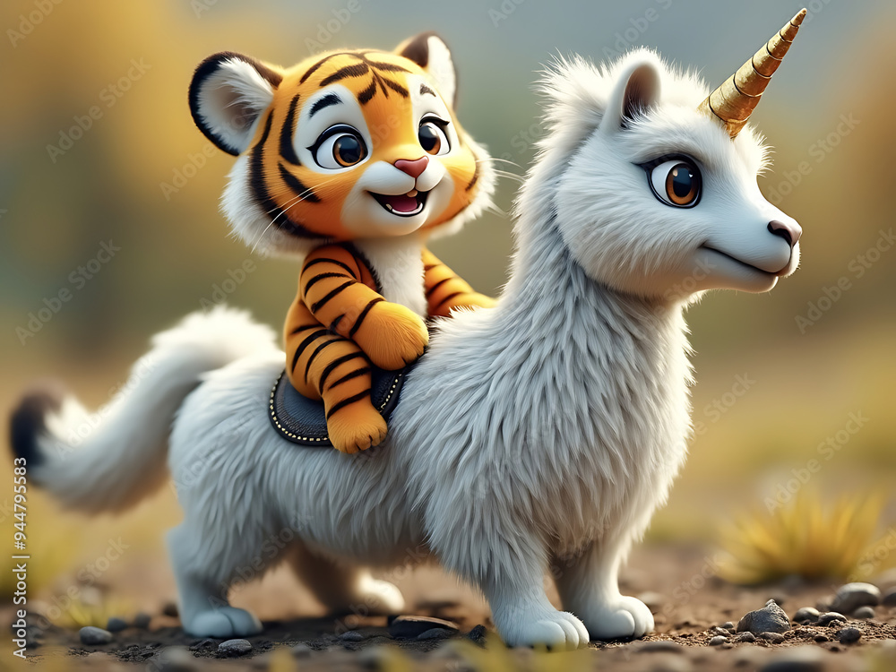 Cute Chibi Kawaii Tiger Riding An Emu Unicorn Cute Chibi Kawaii Tiger Riding An Emu Unicorn