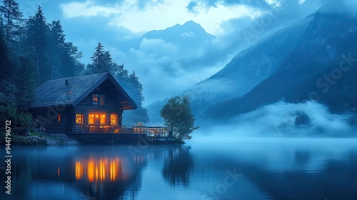 A tranquil scene of an illuminated wooden house by a lake, with fog-shrouded mountains at dusk.