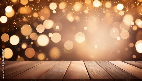Wallpaper Mural A warm wooden surface against a glowing bokeh background, perfect for showcasing products or creating a festive atmosphere. Torontodigital.ca