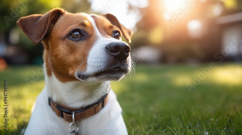 A rescue dog resting after a mission, lying on a grassy field with a clear blue sky overhead, exuding a sense of calm and readiness 