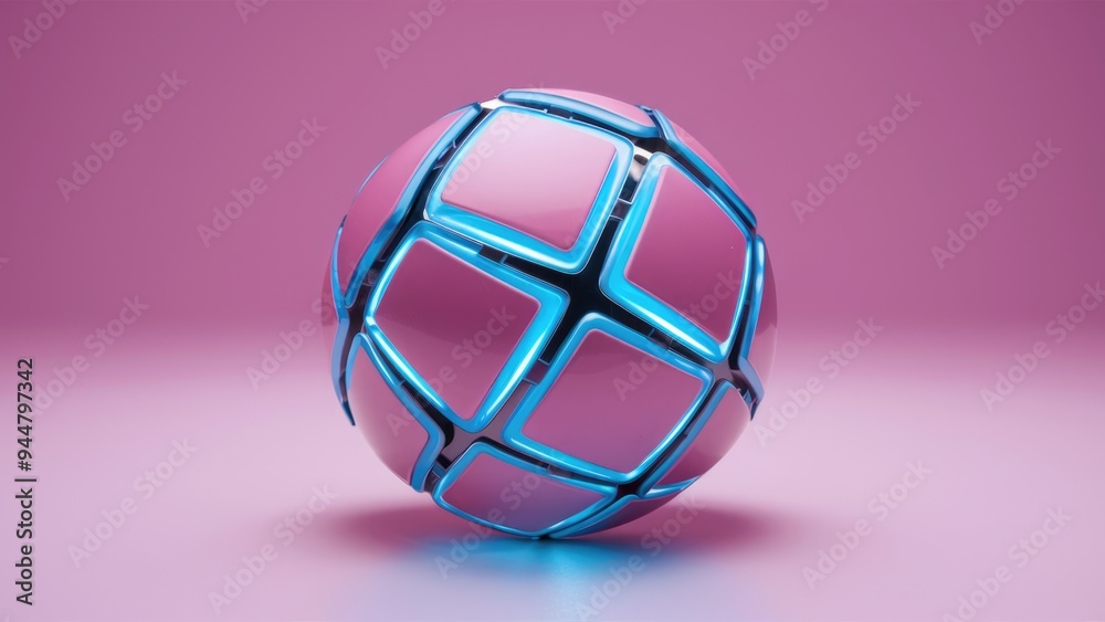 Fototapeta premium Geometric pink ball with electric blue automotive lighting inspiration, designed as a distinctive paperweight or body jewelry accessory on a clean white background. 3D illustration.