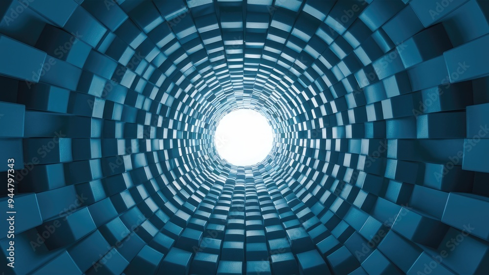 Geometric tunnel design with light at the end, featuring a blue cube structure. Stylish 3D wallpaper with a textured pattern, ideal for backgrounds in advertising and web design. Geometric tunnel design with light at the end, featuring a blue cube structure. Stylish 3D wallpaper with a textured pattern, ideal for backgrounds in advertising and web design.