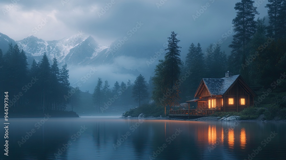 Obraz premium A wooden house glowing softly by a serene lake, with foggy mountains creating a mystical backdrop at dusk