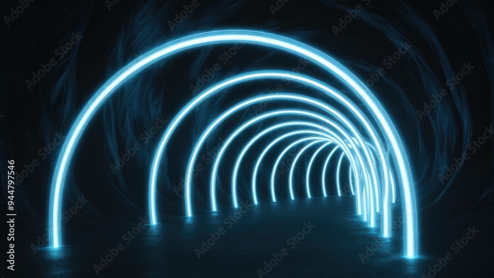 Glowing blue neon arcs create a tunnel effect leading into darkness. Glowing blue neon arcs create a tunnel effect leading into darkness.