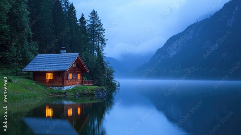 Fototapeta premium An illuminated wooden house by a calm lake, with foggy mountains in the background at dusk