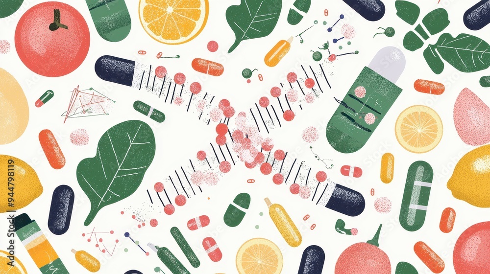 Colorful Abstract Pattern with DNA Structure Pills Fruits and Leaves Colorful Abstract Pattern with DNA Structure Pills Fruits and Leaves