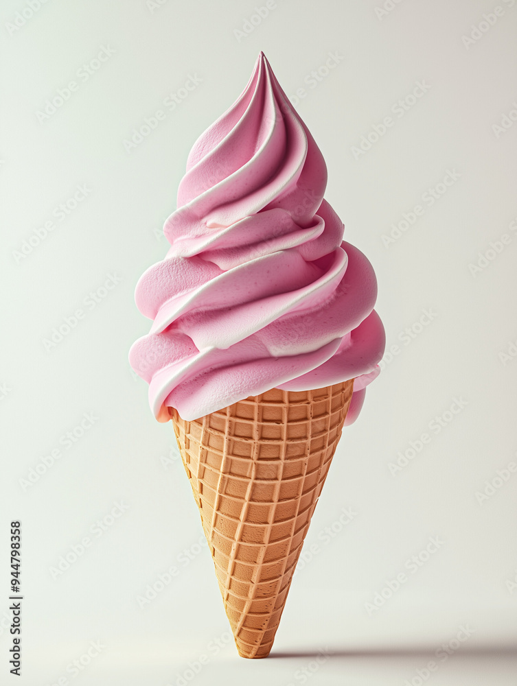 An ice cream cone with a swirl of soft-serve strawberry ice cream, isolated on a white background An ice cream cone with a swirl of soft-serve strawberry ice cream, isolated on a white background