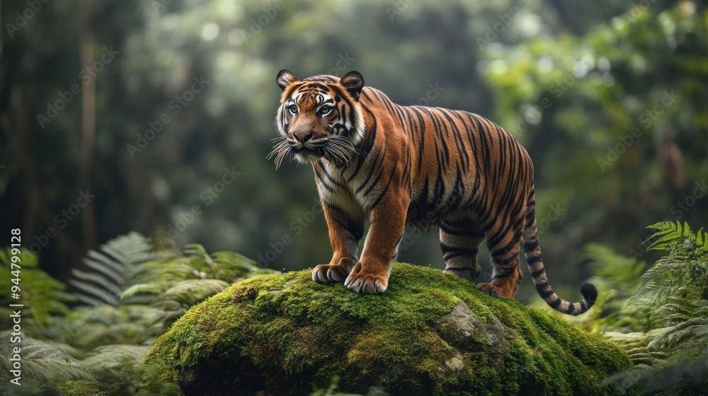 Obraz premium A powerful Sumatran Tiger stands on a moss-covered rock, surrounded by the rich foliage of the forest