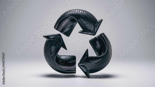 Innovative tire recycling concept featuring a 3D rendered recycling symbol with a car tire, isolated on a clean white background.
