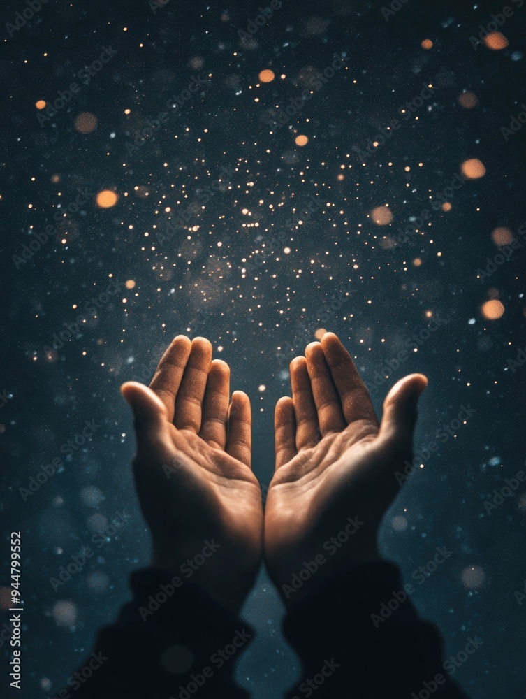 Praying muslim, hands open to the sky in the holy night. Social media story, vertical with generative ai Praying muslim, hands open to the sky in the holy night. Social media story, vertical with generative ai