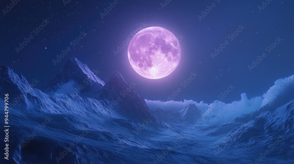 Moonrise over towering mountains, with the glowing moon creating a serene and mystical ambiance in the night sky Moonrise over towering mountains, with the glowing moon creating a serene and mystical ambiance in the night sky