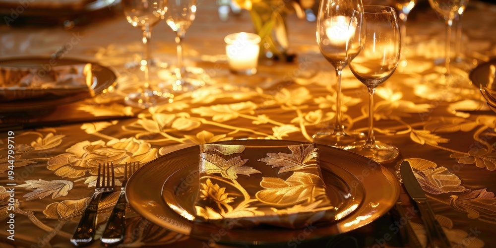 Guest tablecloth featuring a floral design with gold accents Guest tablecloth featuring a floral design with gold accents