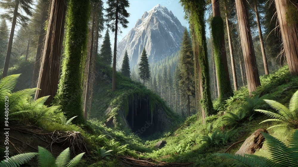 Naklejka premium Tropical forest tree nature trees green tropical jungle landscape rainforest fern palm wood lush. Tropical forest plant woods summer foliage outdoor path natural environment leaf rain forest park.