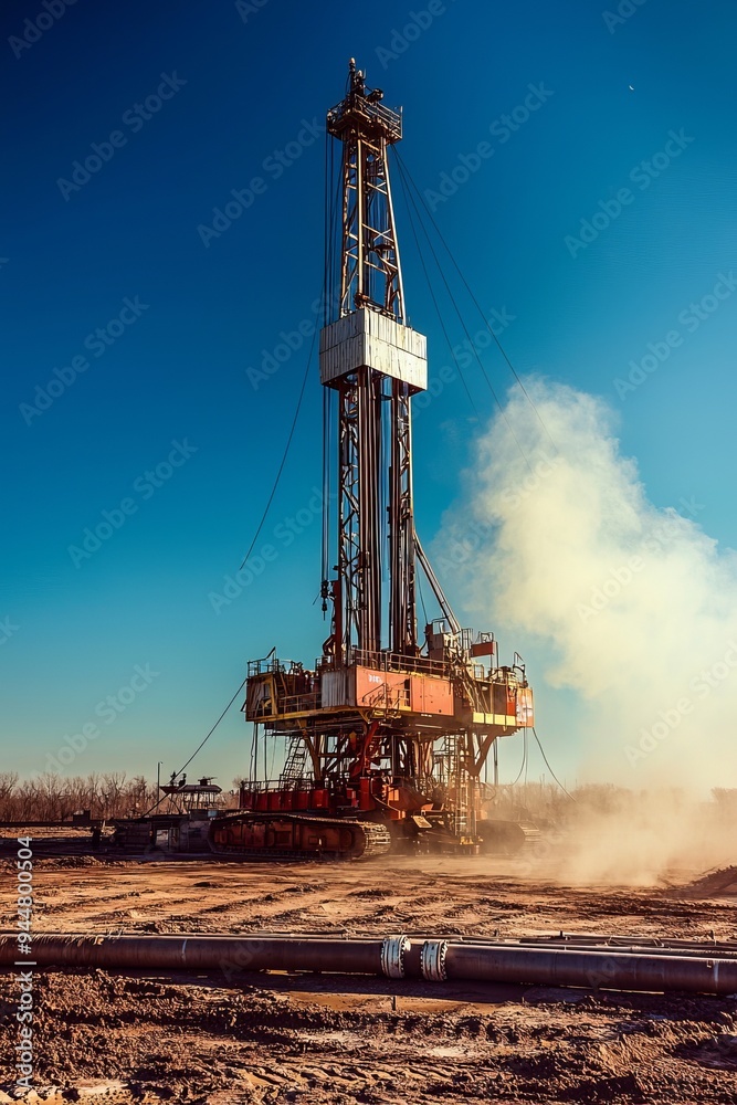 A drilling rig in action on a remote oil field, with heavy machinery and pipelines spread out across the landscape A drilling rig in action on a remote oil field, with heavy machinery and pipelines spread out across the landscape