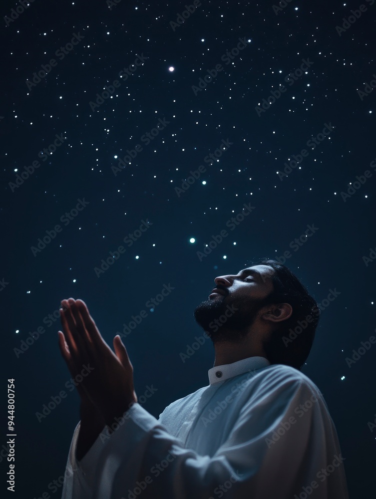 Praying muslim, hands open to the sky in the holy night. Social media story, vertical with generative ai Praying muslim, hands open to the sky in the holy night. Social media story, vertical with generative ai