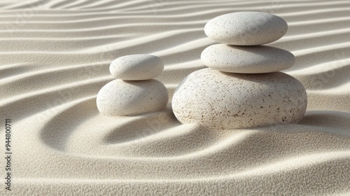 Calm, minimalist zen garden with gently raked sand and balanced stones, evoking peace and inner harmony.