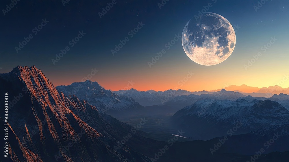 Scenic view of the moon rising above majestic mountains, creating a tranquil and ethereal atmosphere in the evening sky Scenic view of the moon rising above majestic mountains, creating a tranquil and ethereal atmosphere in the evening sky