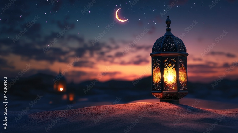 Ramadan Kareem - Arabic Lantern At Night In desert With Crescent Moon And Magic Glittering - Eid Ul Fitr with generative ai Ramadan Kareem - Arabic Lantern At Night In desert With Crescent Moon And Magic Glittering - Eid Ul Fitr with generative ai