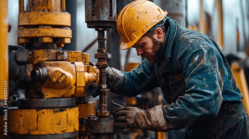 A worker with a wrench tightening bolts on an oil drilling pump jack A worker with a wrench tightening bolts on an oil drilling pump jack