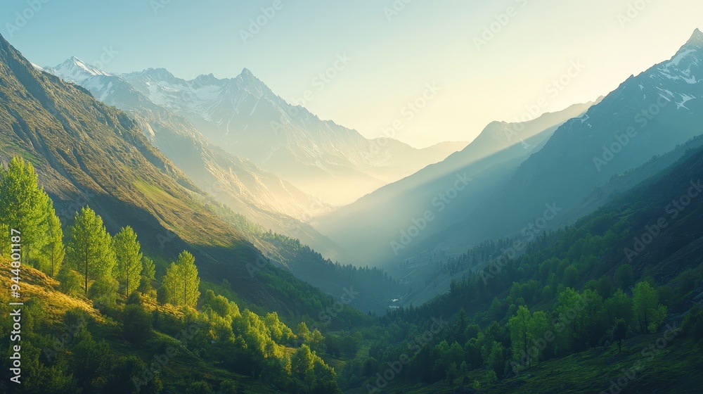 Majestic Mountain Range with Lush Greenery and Sunlight