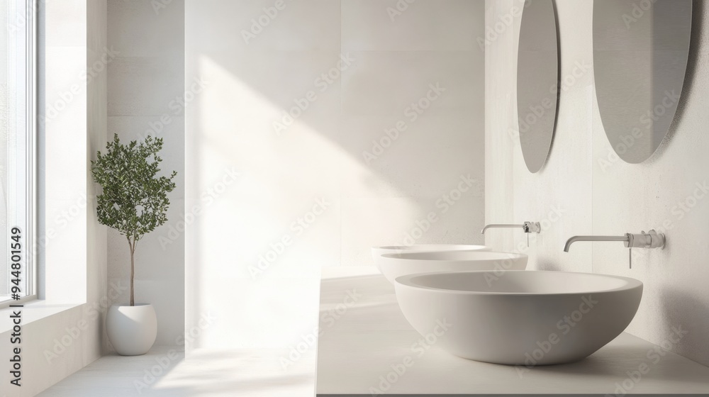 Fototapeta premium Clean and chic bathroom with minimalist double sinks, emphasizing modern design through elegant simplicity.
