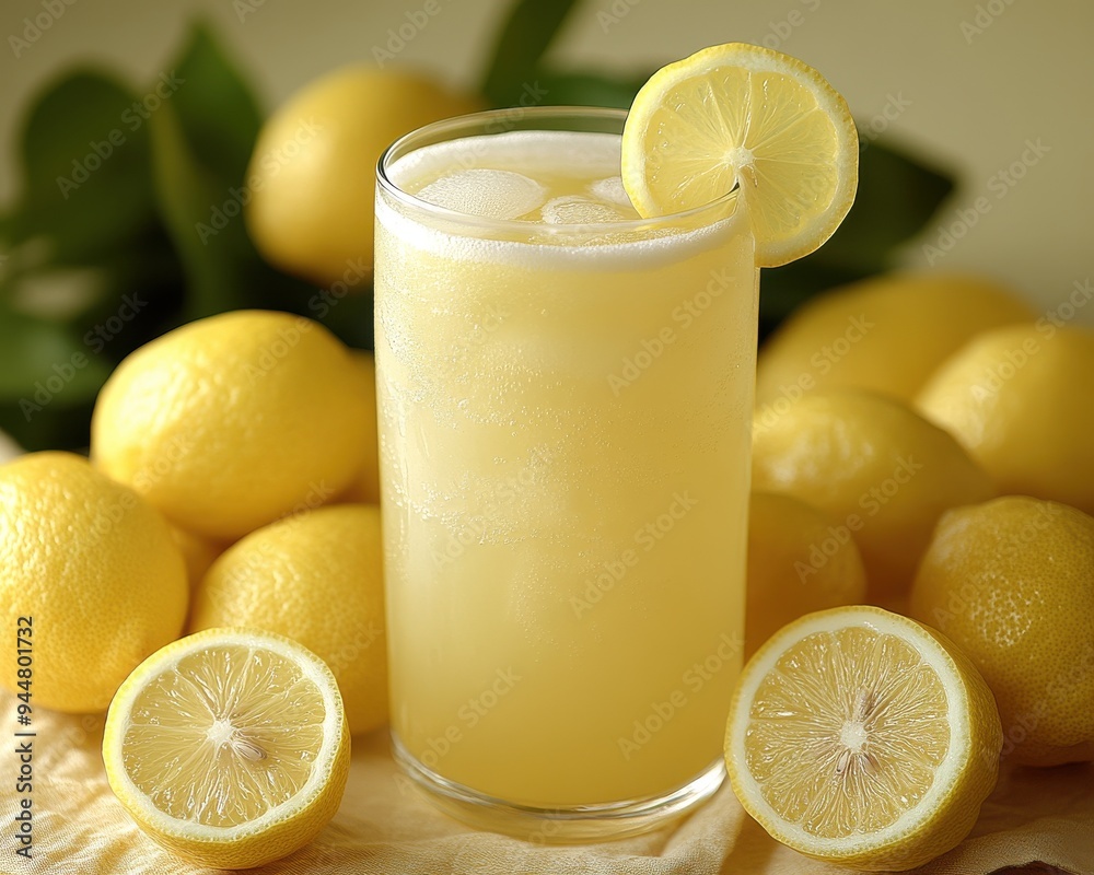 Refreshing Lemonade Drink with Ice in Tall Glass Surrounded by Fresh Lemons on Wooden Table with Green Leaves in Background Refreshing Lemonade Drink with Ice in Tall Glass Surrounded by Fresh Lemons on Wooden Table with Green Leaves in Background
