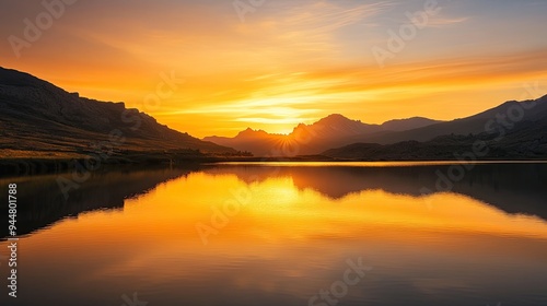 The golden hues of sunset over a mountain range, mirrored in the still waters of a serene lake